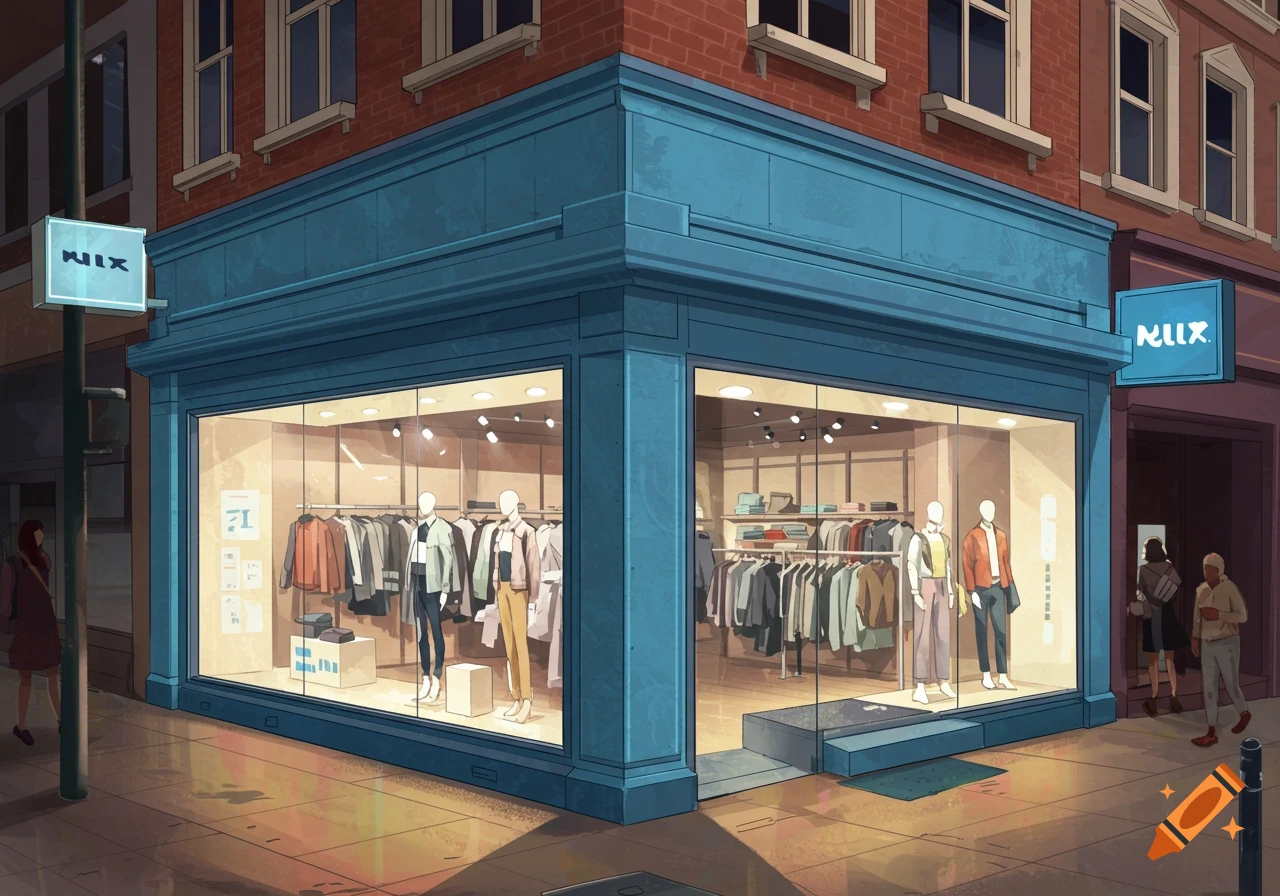 Illustrated street view of a clothing store on a corner with mannequins in the window display.
