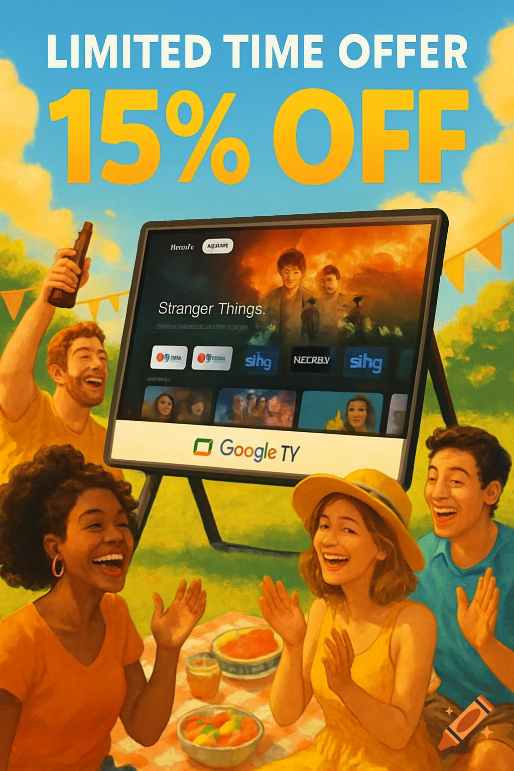 Painted image of people at a picnic watching a screen promoting a limited time offer.