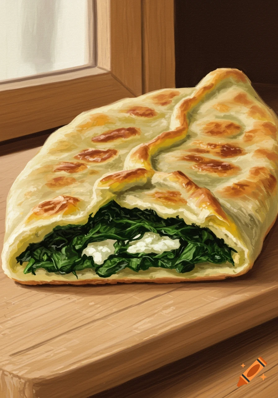 A close-up of a spinach and cheese gozleme on a wooden surface by a window, rendered in a painterly style.