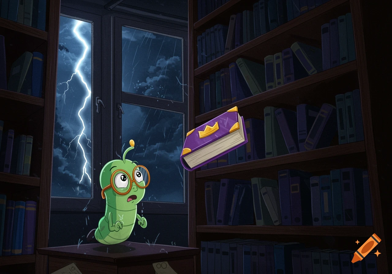 A cartoon worm with glasses reacts to lightning outside a library window as a magical book falls from a shelf.