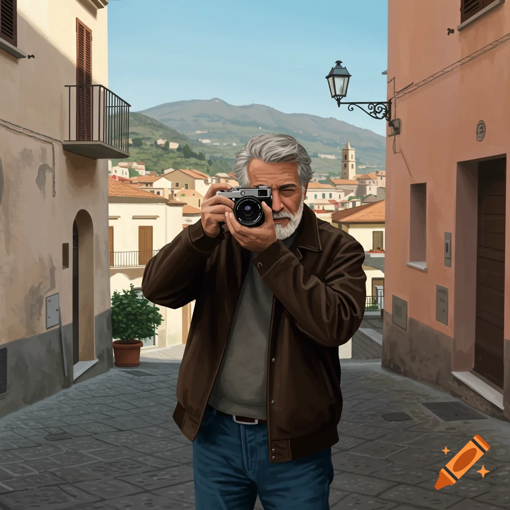 Elderly man holding a camera taking a photo in a street in an Italian town.
