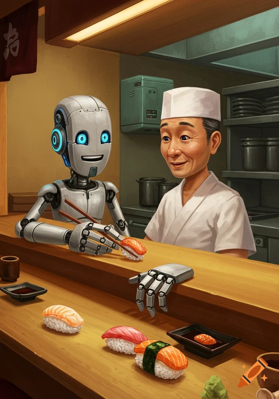 A robot holds sushi with chopsticks while sitting at a sushi counter with a chef.
