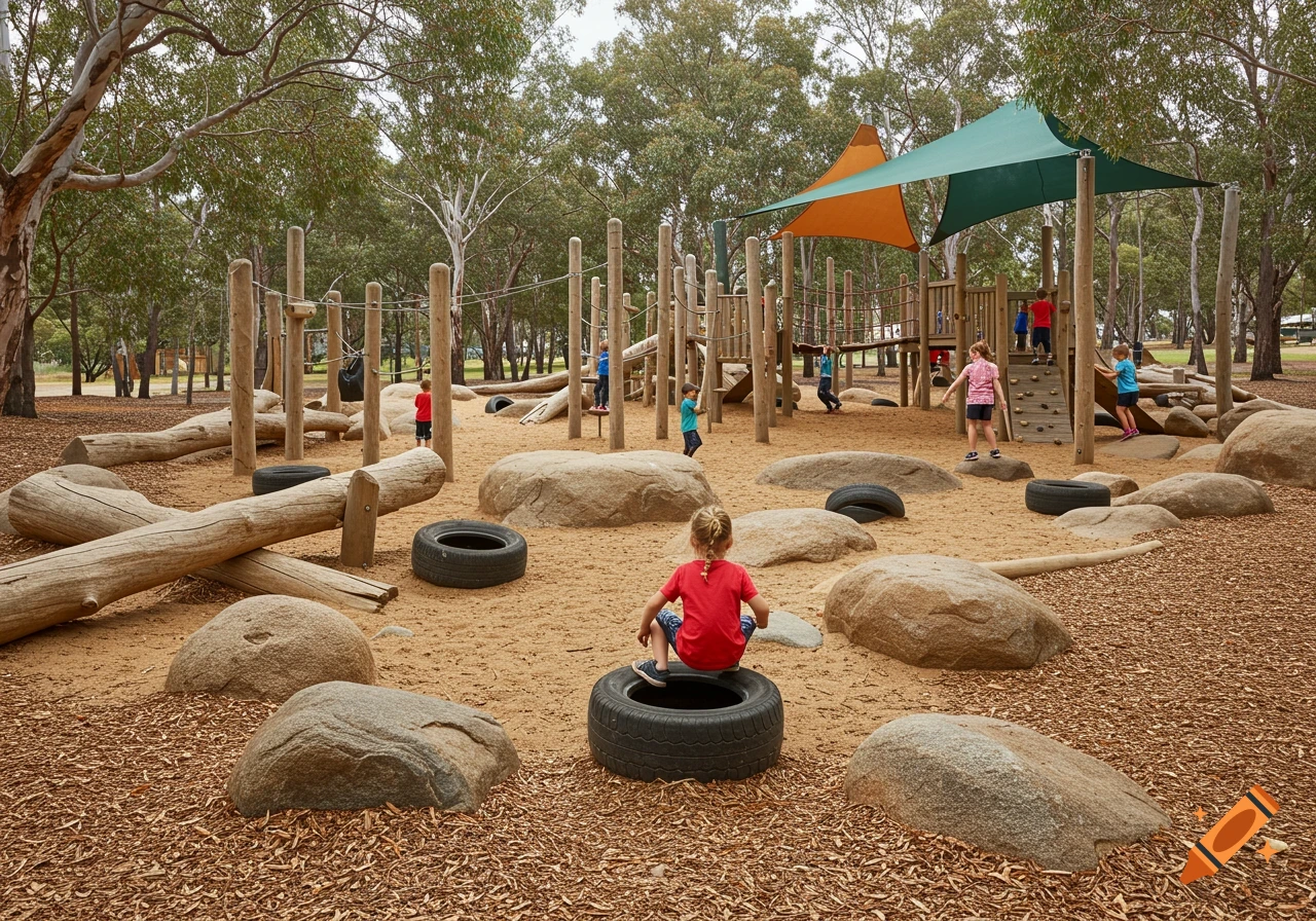 Children play on a natural adventure playground with logs, rocks, sand, and tires.