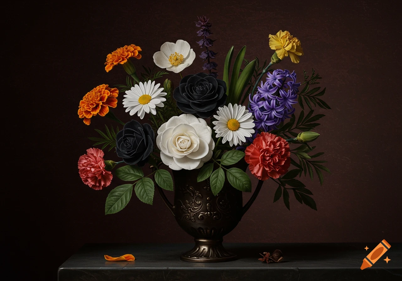 Elegant still life of a bouquet of colorful flowers in a vase. on Craiyon