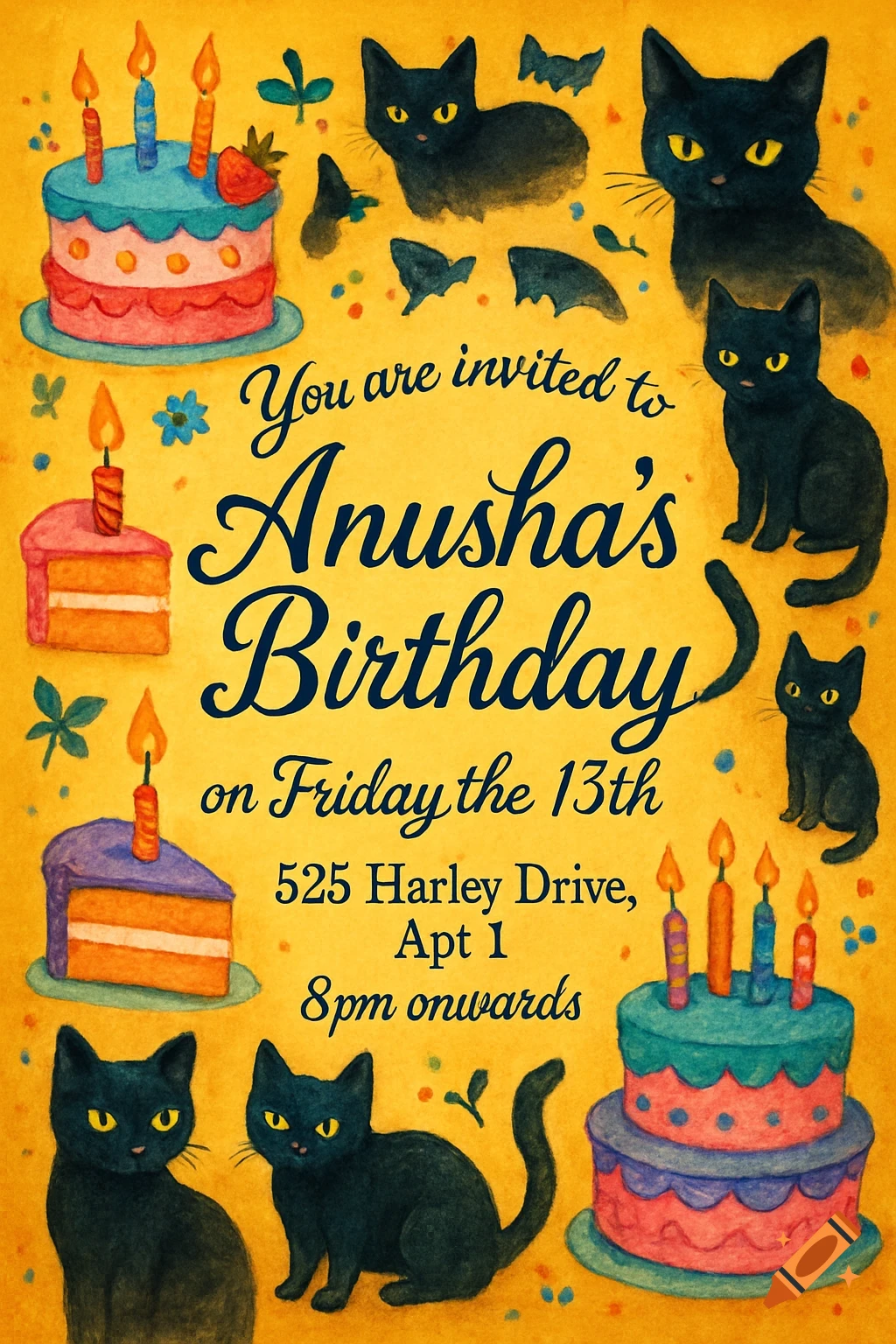 Watercolor birthday invitation with black cats, colorful cakes, candles, and text.