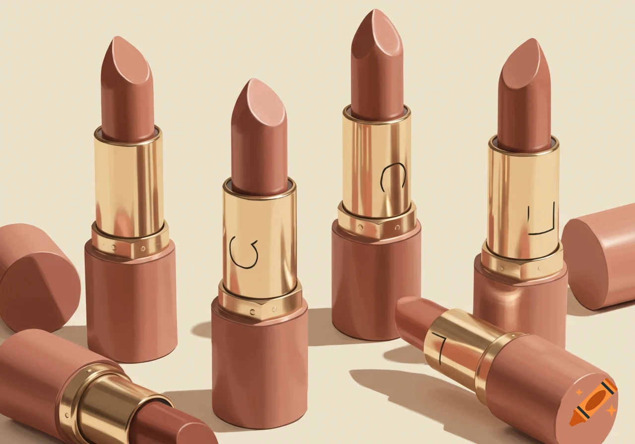 Still life arrangement of several beige and nude lipsticks on a light surface.