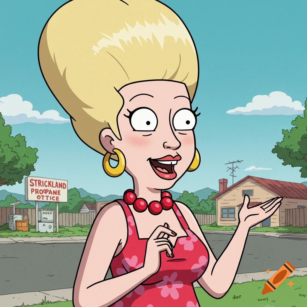 Cartoon character resembling Cotton Hill's mother from King of the Hill, with a bouffant, standing outside Strickland Propane.