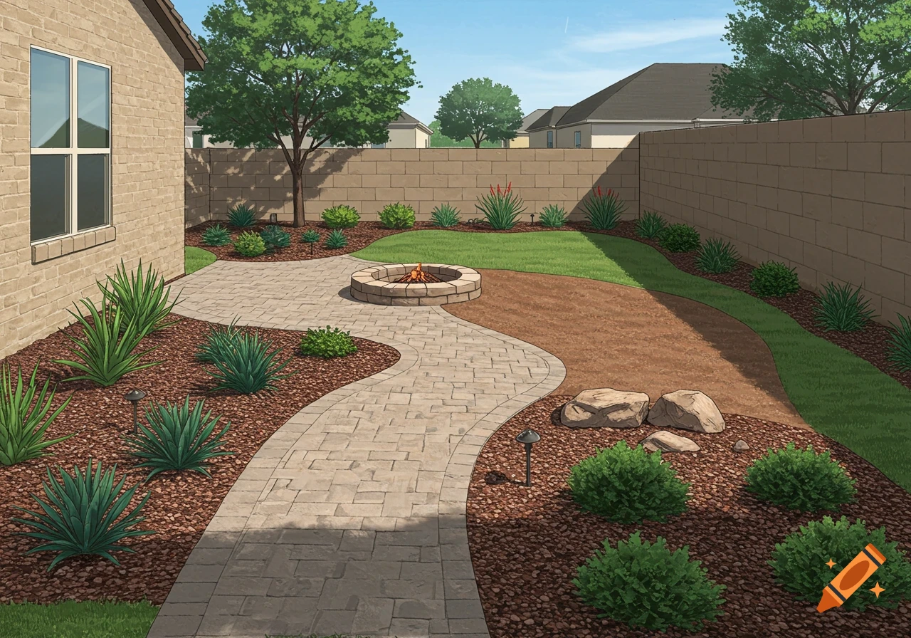 Illustrated backyard landscape design with paver path to fire pit, mulch, and drought-tolerant plants.