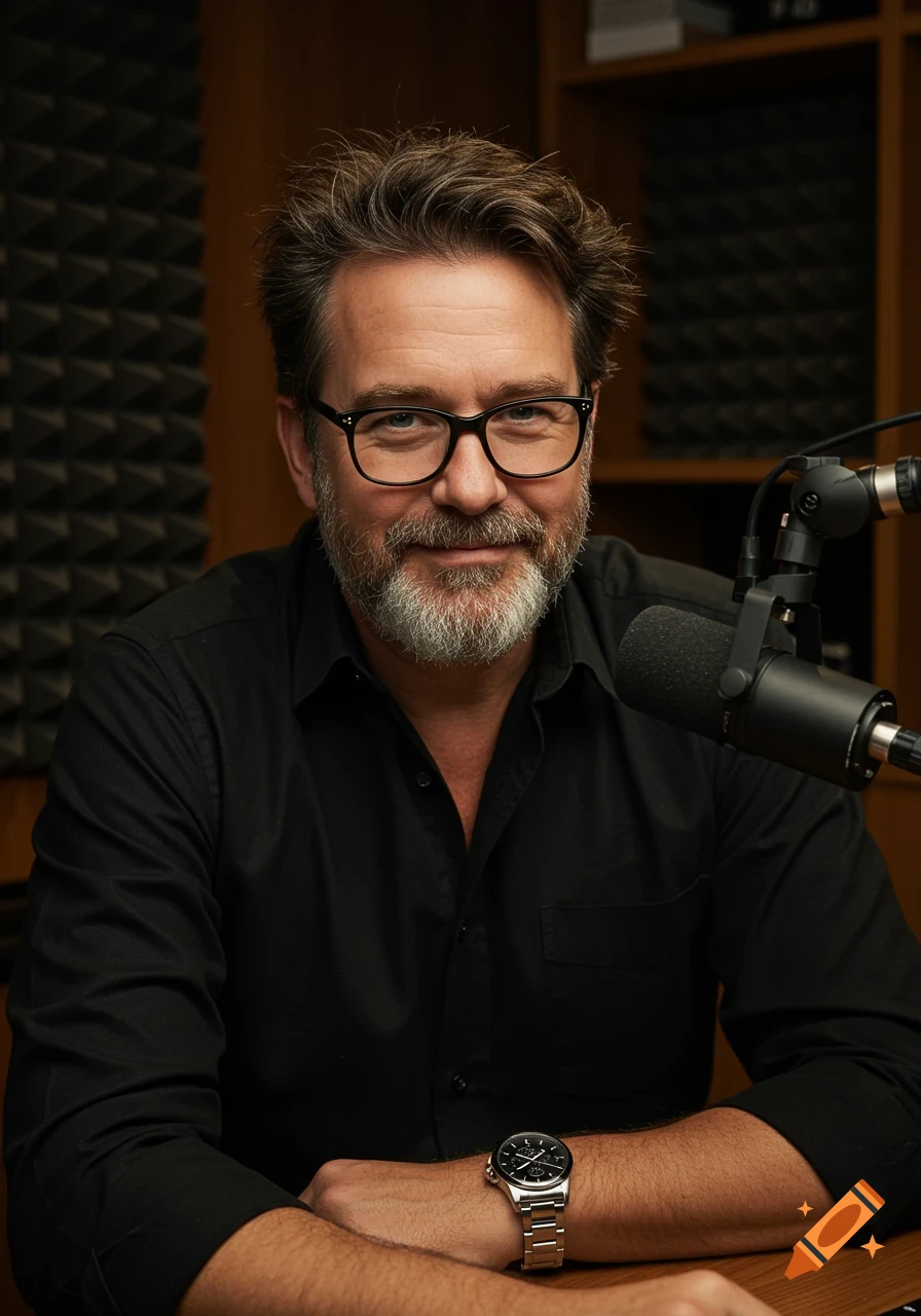Middle-aged man in glasses and beard seated in a podcast studio with a microphone, wearing a black shirt and watch. Cinematic portrait.