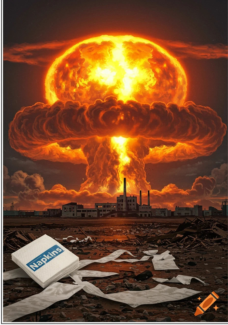 Nuclear mushroom cloud over a destroyed factory with napkins in foreground.