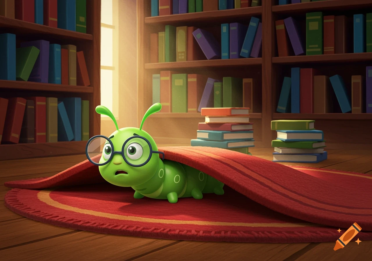 Cute green cartoon caterpillar with glasses peeking from under a red rug in a library.