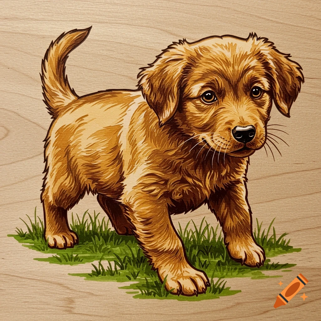 Illustration of a golden puppy standing on grass.