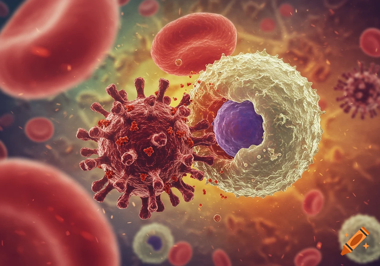 Microscopic view of a virus interacting with a white blood cell and red blood cells.