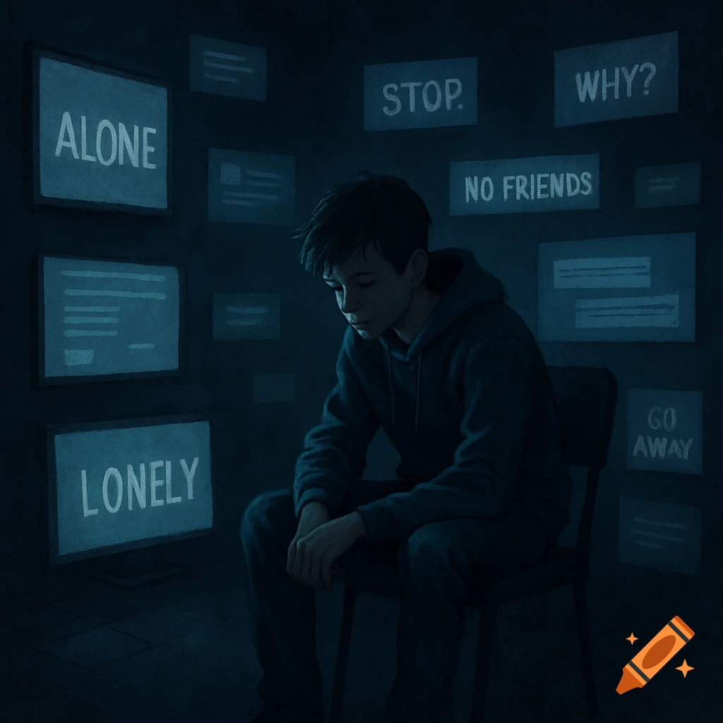 A lonely teenager sits in a dark room surrounded by screens displaying words like ALONE, LONELY, STOP, NO FRIENDS, WHY?, and GO AWAY.