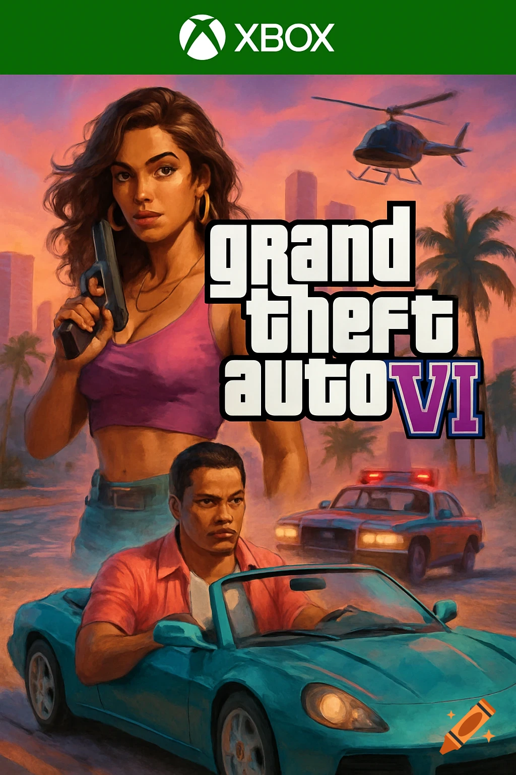 Artwork resembling a Grand Theft Auto game cover for Xbox, featuring a woman with a gun, a man in a car, police cars, and a helicopter at sunset.