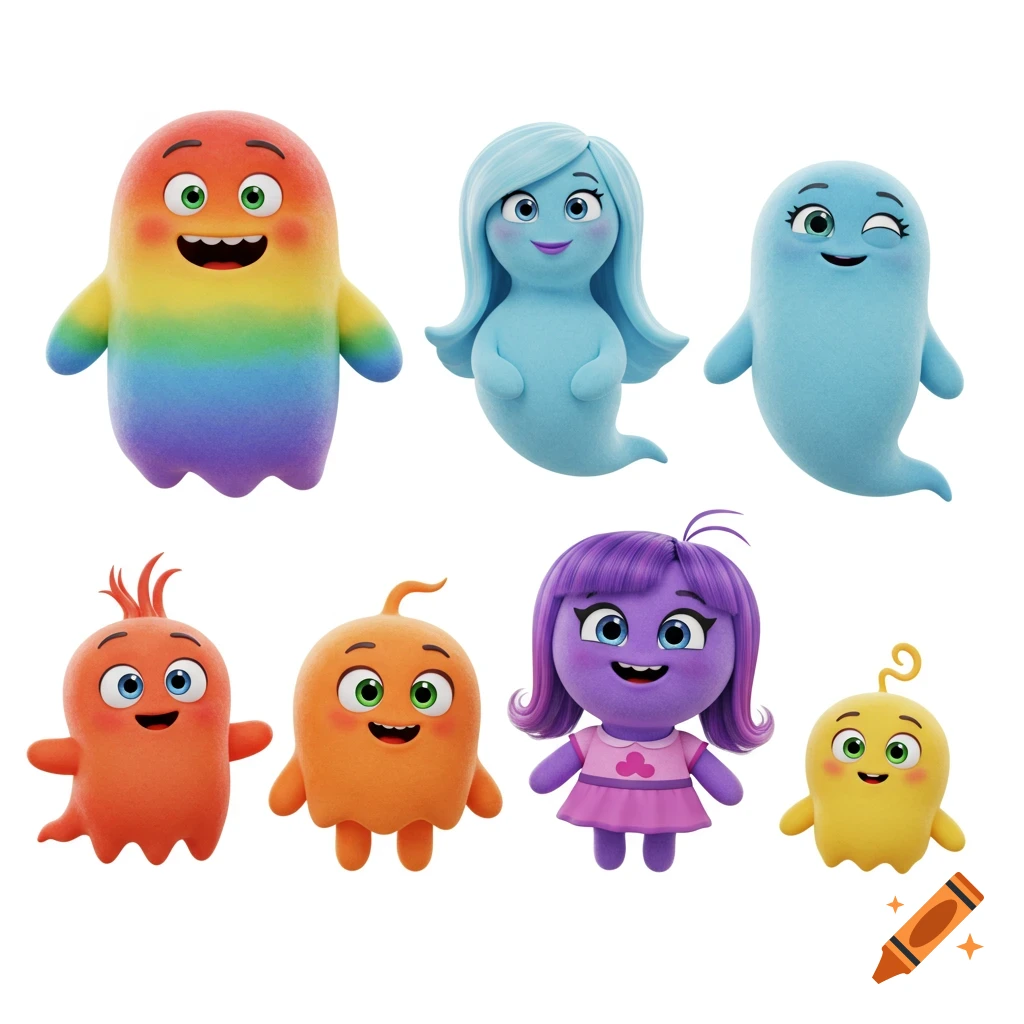 Seven distinct, colorful, smiling cartoon ghost characters displayed separately on a white background.