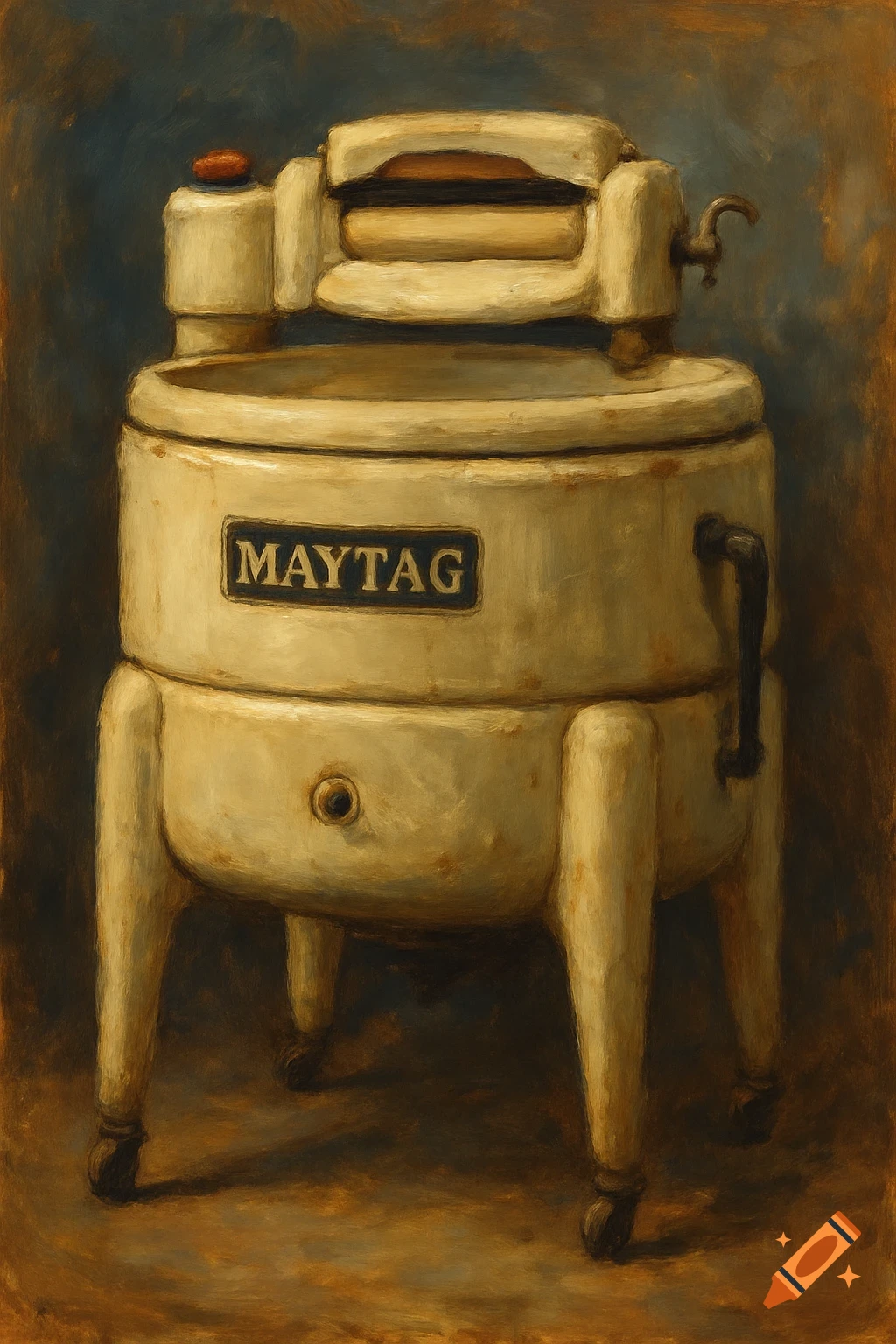 A vintage Maytag washing machine with a wringer in a painterly style.