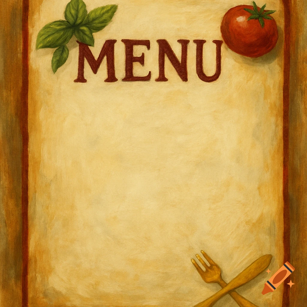 A painted menu background with the word MENU, a tomato, basil, and crossed cutlery.