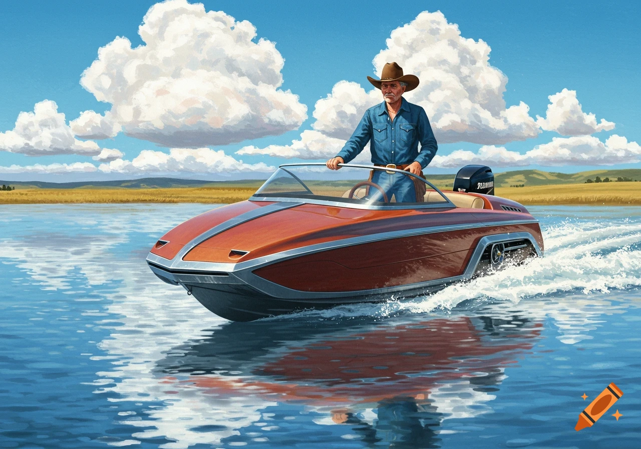 A painting of a cowboy driving a motorboat on a lake with a rural landscape background.
