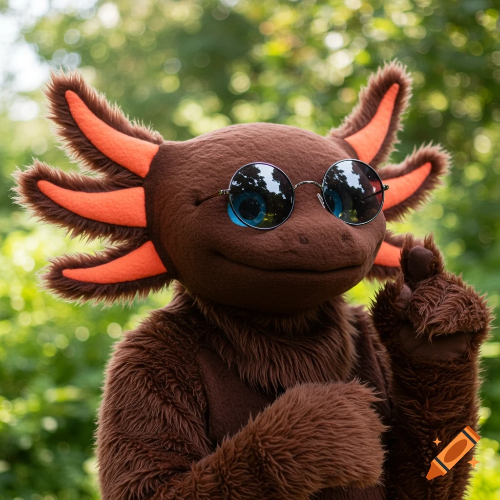 A person in a brown furry axolotl costume wearing sunglasses outdoors.