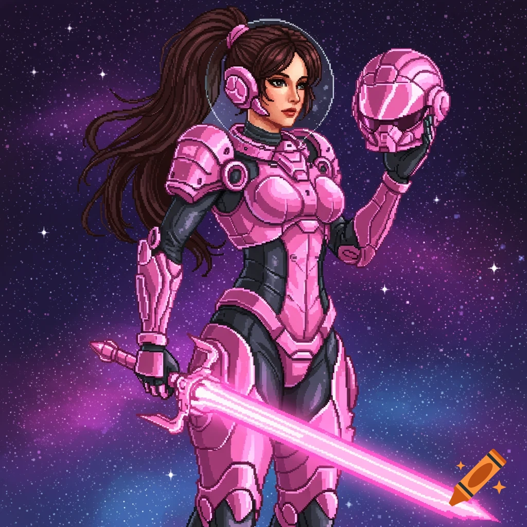 Pixel art of a woman in pink space armor holding a helmet and glowing sword against a starfield.
