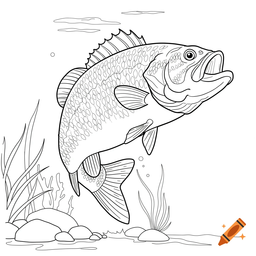Black and white line drawing of a bass fish jumping.