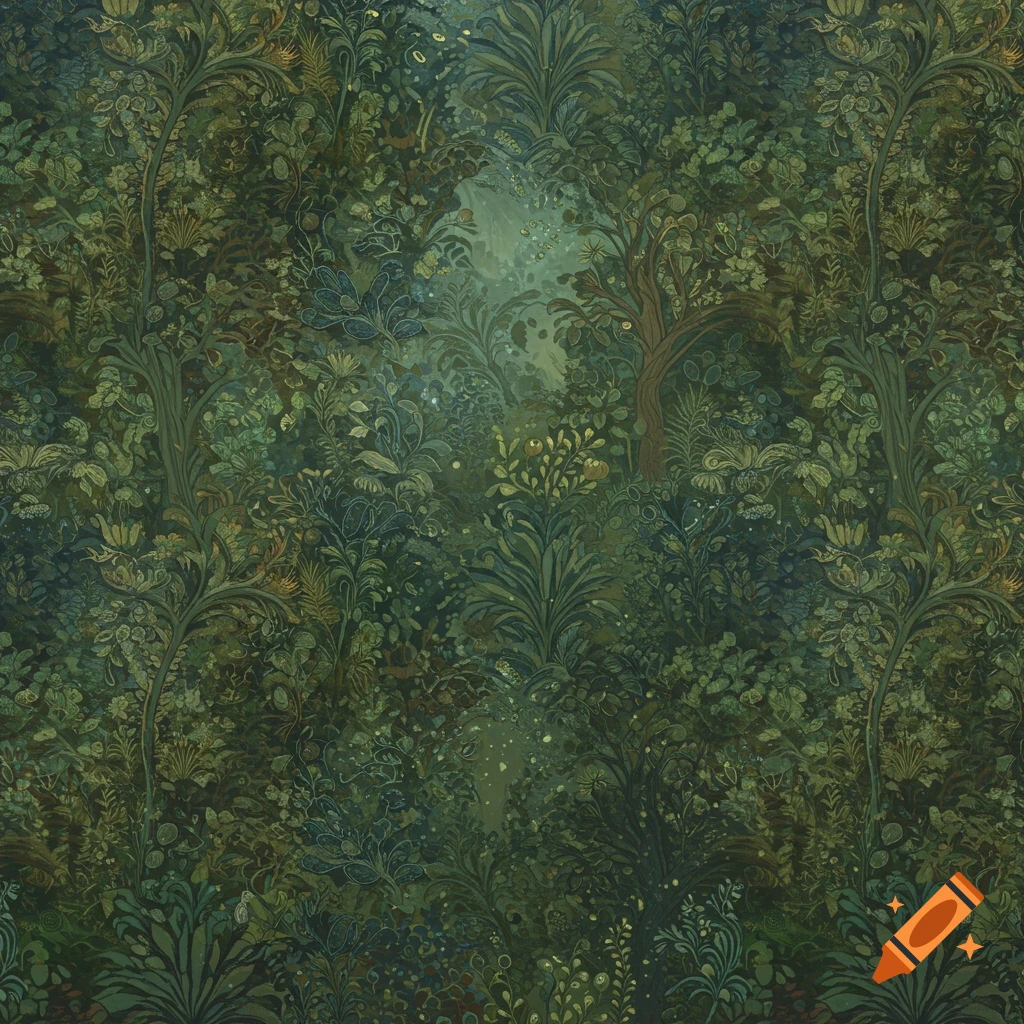 A detailed, dark green woodland pattern in a vintage style.