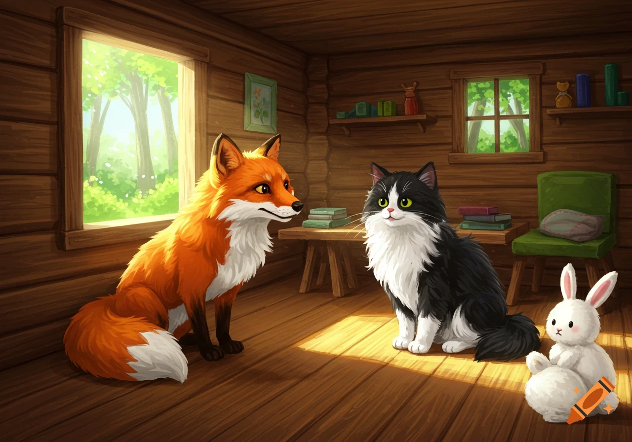 An illustration of a fox, cat, and bunny inside a log cabin.