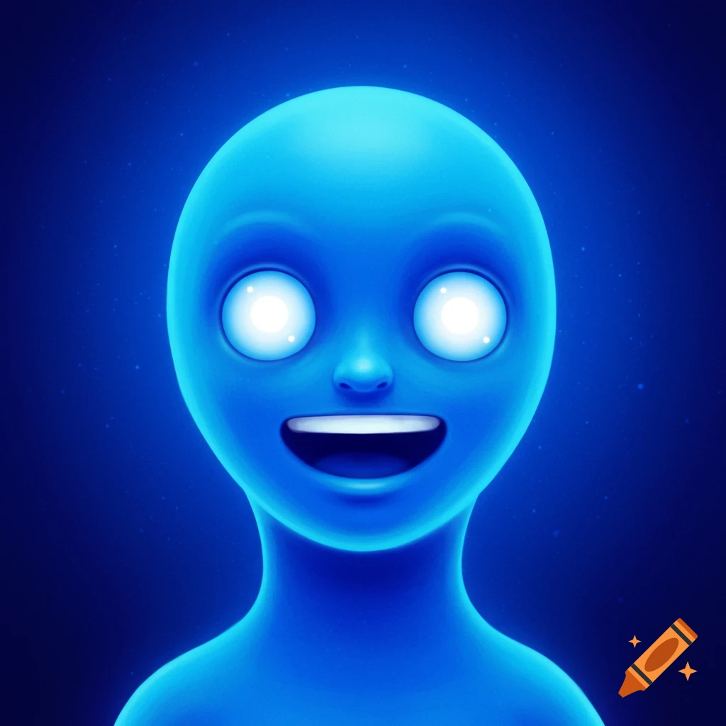 A stylized bright blue figure with glowing white eyes and a wide smile on a dark blue, glowing background.