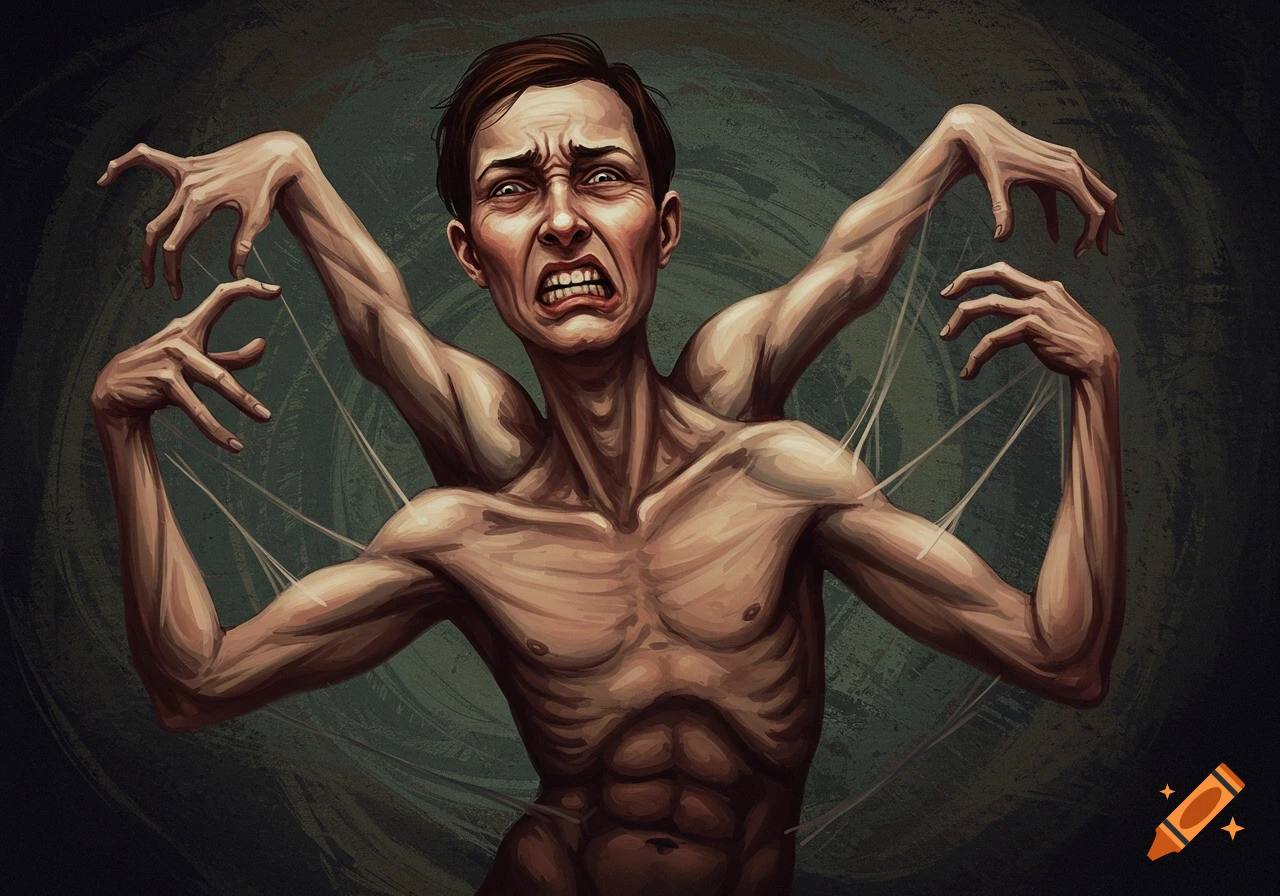 Illustration of a person with multiple contorted arms and a pained expression