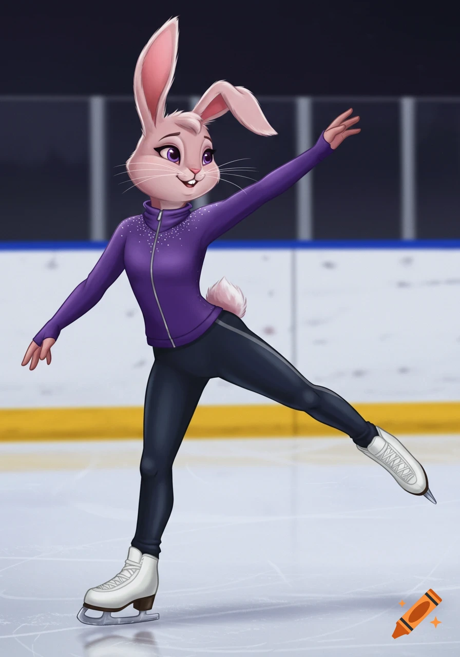A cartoon rabbit in a purple outfit figure skating on an ice rink, striking a pose.