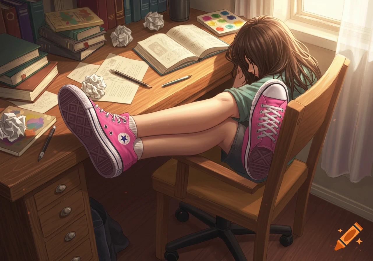 Anime girl sleeping at a desk with her feet up, wearing pink converse sneakers.
