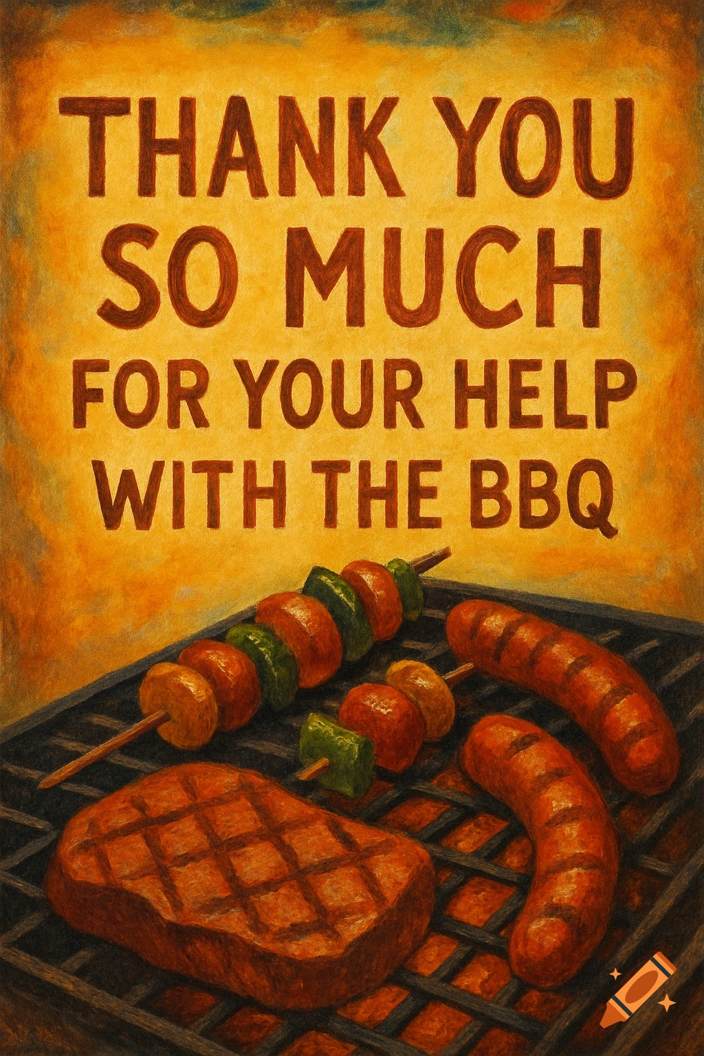 Painted BBQ scene with steak, sausages, and skewers on a grill under text that says 'THANK YOU SO MUCH FOR YOUR HELP WITH THE BBQ'.