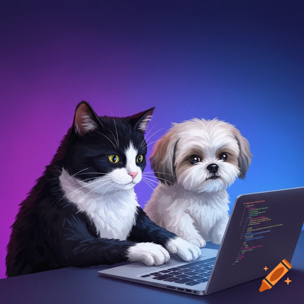 A tuxedo cat and a Shih Tzu dog sit together looking at code on a laptop screen.