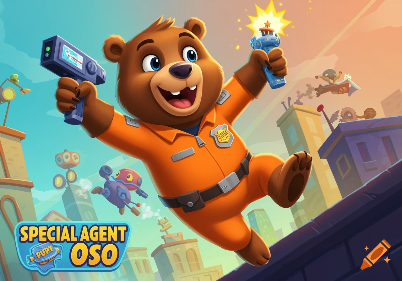 Cartoon bear in orange jumpsuit jumps over city holding toy guns