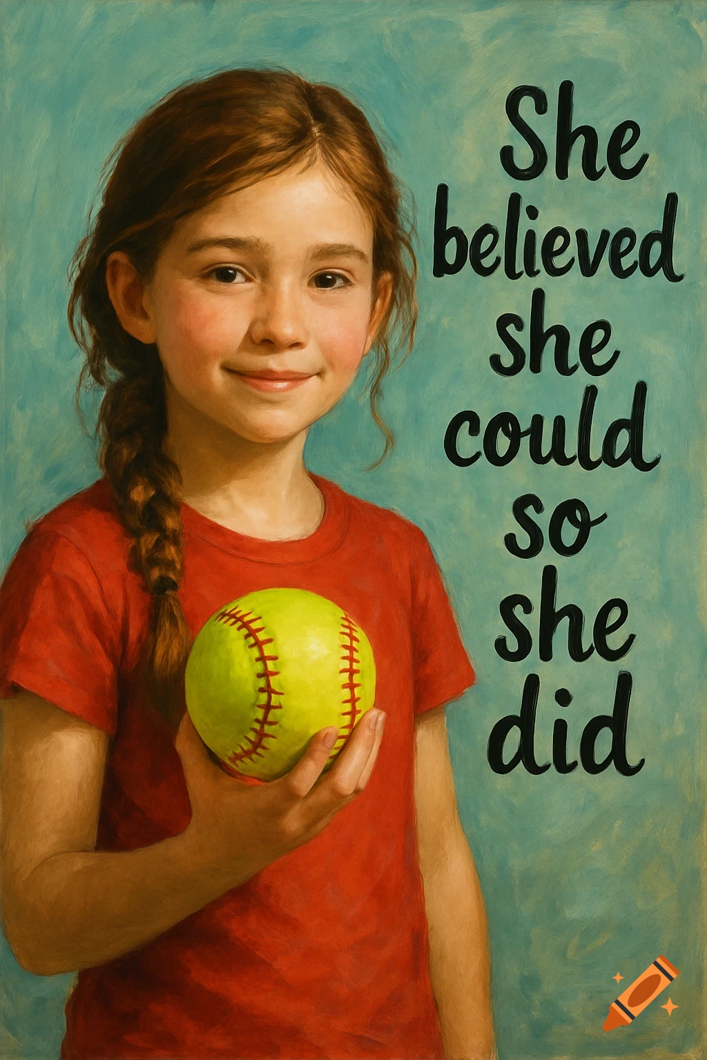 Girl holding a softball next to the quote 'She believed she could so she did' in a painted style