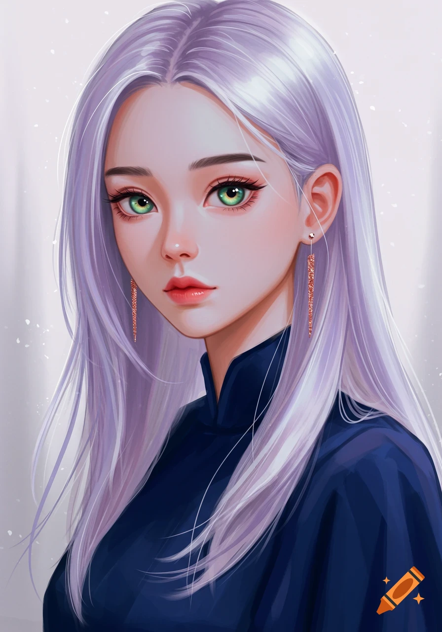 Illustration of a girl with long lavender hair and green eyes wearing dark blue clothes.