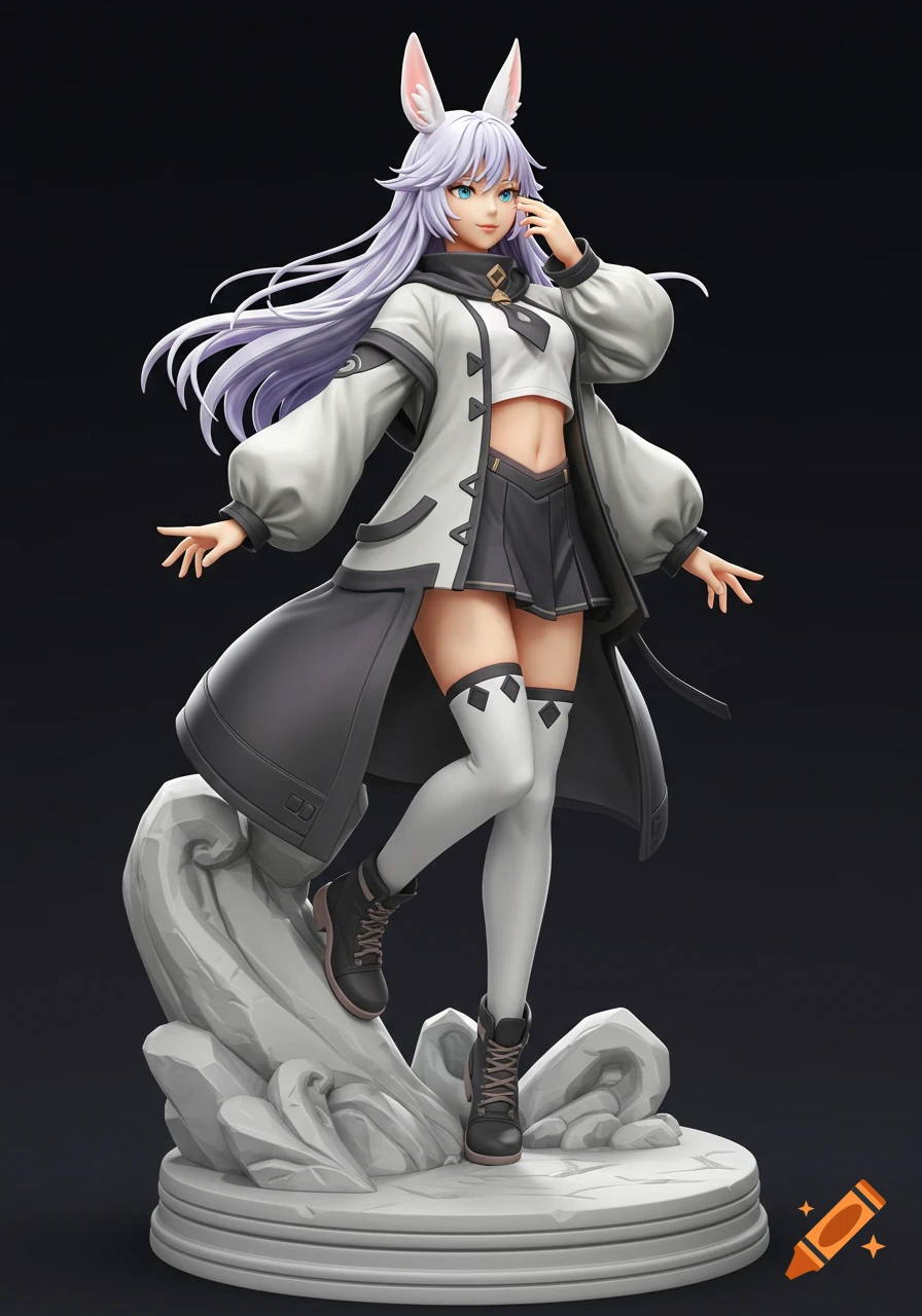 Anime statue figure of a girl with white hair and animal ears standing on a stone base.