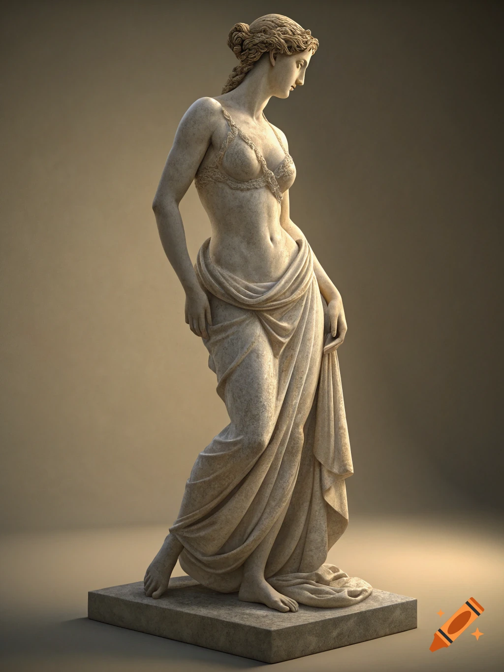 Marble statue of a woman in classical pose wearing a bra