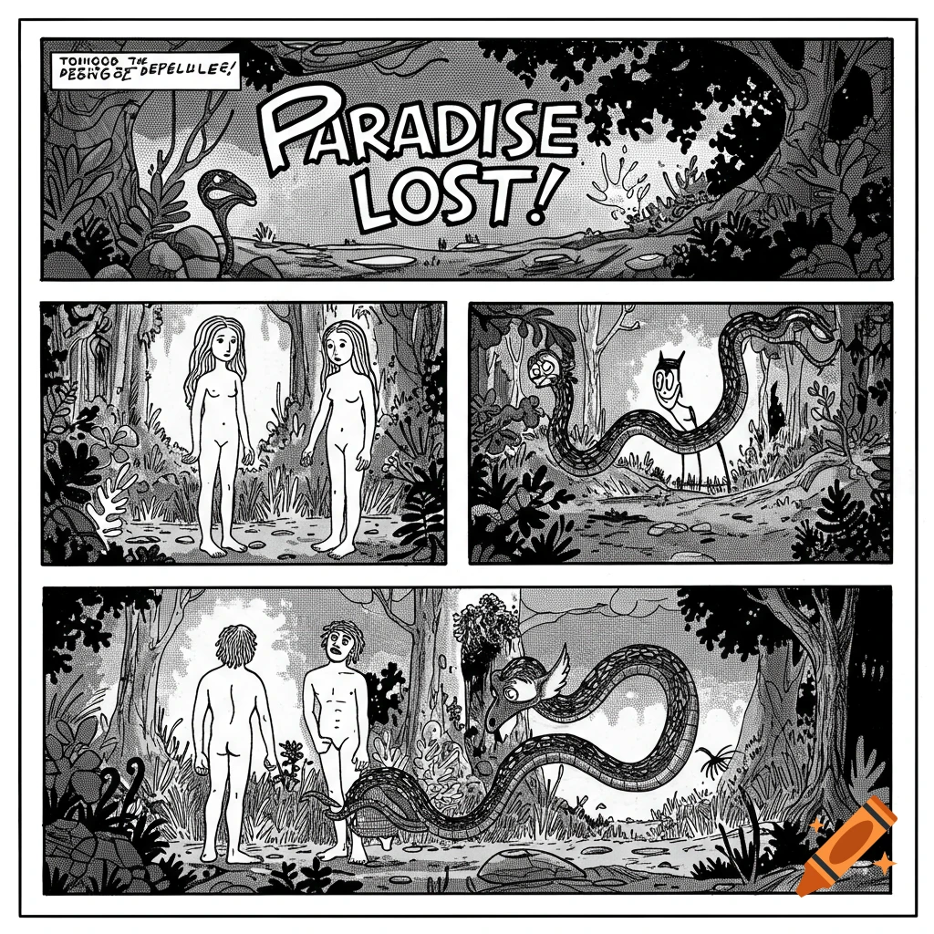 Black and white comic strip of Adam, Eve, and the serpent in the Garden of Eden, in the style of Art Spiegelman.