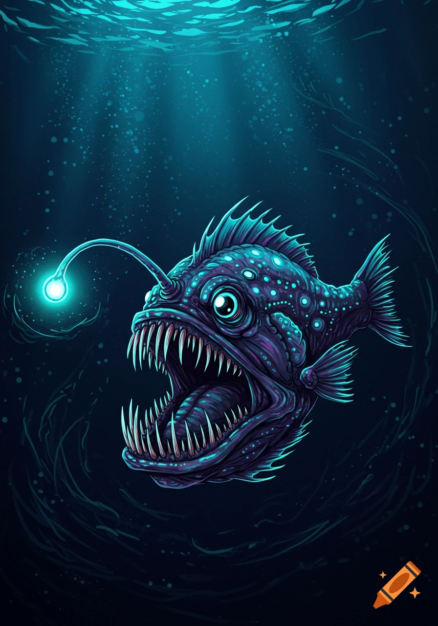 Stylized illustration of a deep sea anglerfish with glowing lure in dark water