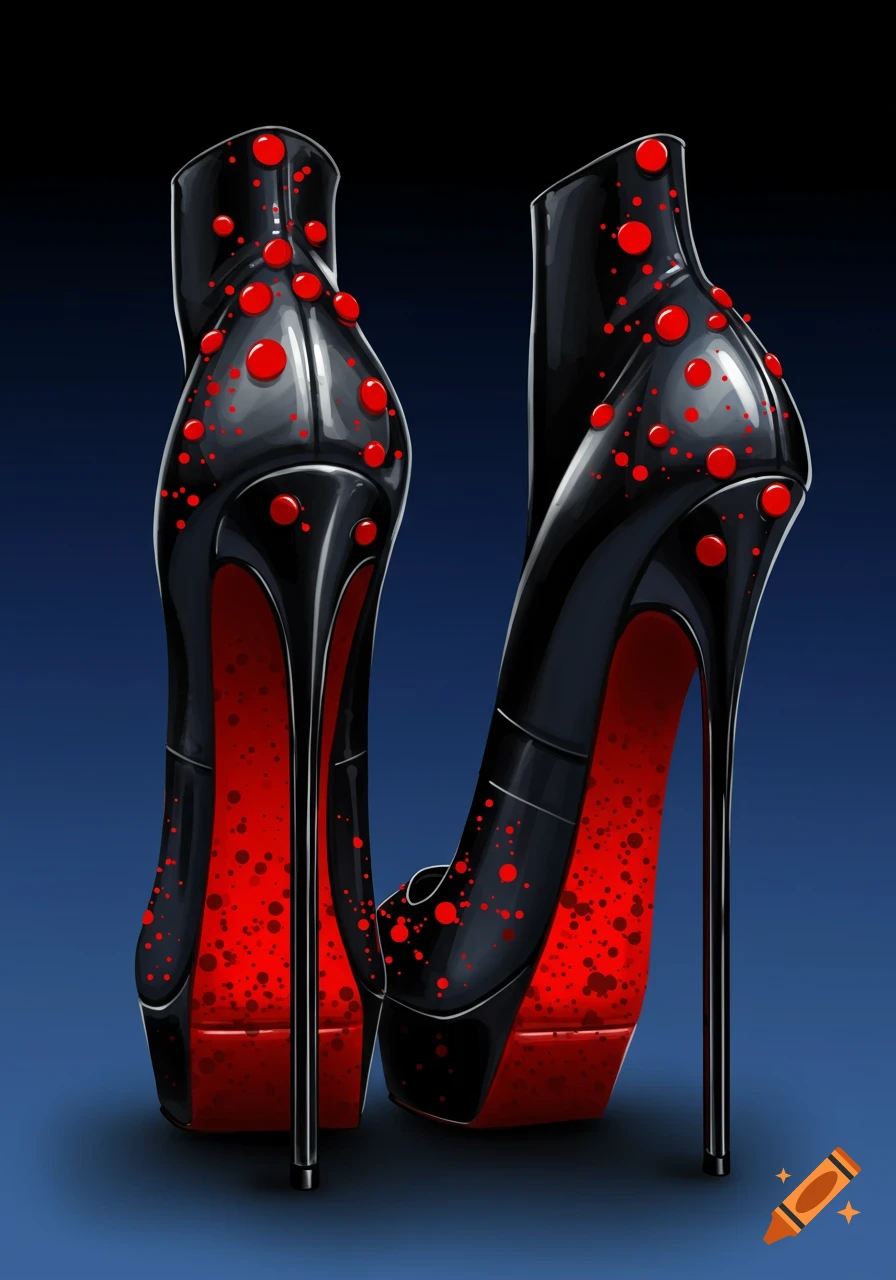 Illustration of black stiletto heels with red dots and red soles