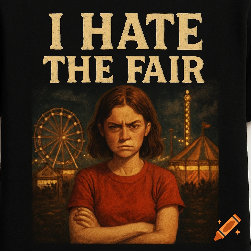 A grumpy person with crossed arms in front of a fairground, text above says 'I HATE THE FAIR', illustration style