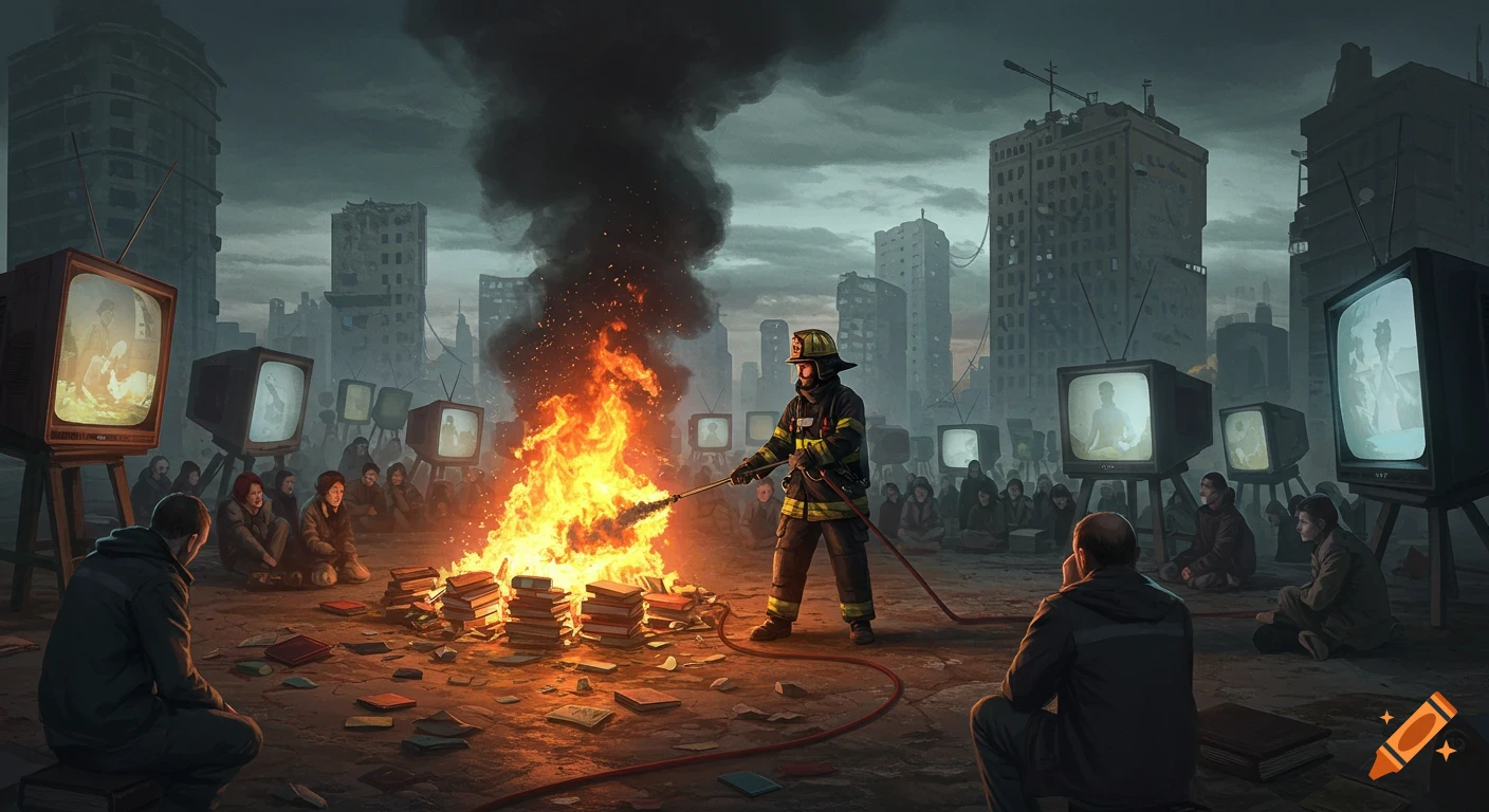 A fireman burns a pile of books while many people watch television screens in a ruined city.