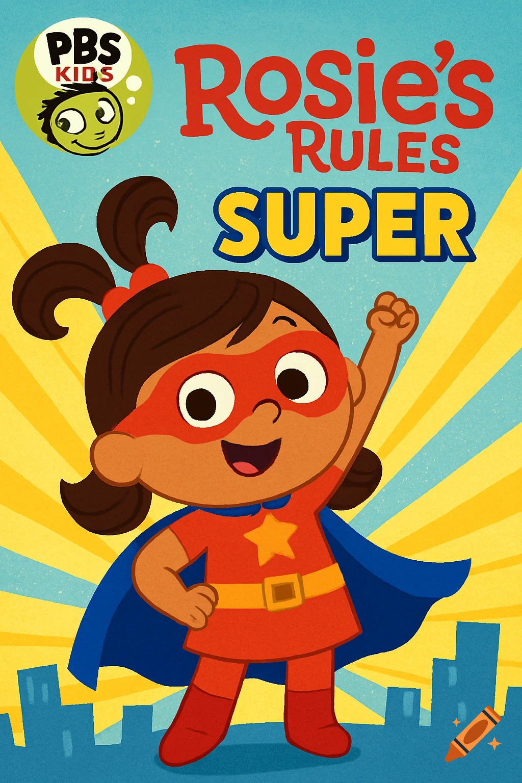 Cartoon girl in superhero costume raises her fist, with text 'PBS KIDS Rosie's RULES SUPER' and a city background.