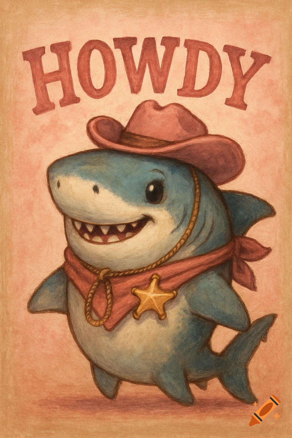 Illustration of a cute shark wearing a cowboy hat and bandana with a sheriff star, with the word HOWDY above it, in a retro style.