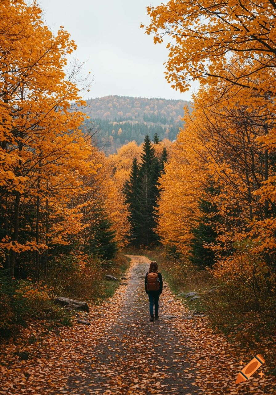 A person walks on a leaf-covered path through an autumn forest.