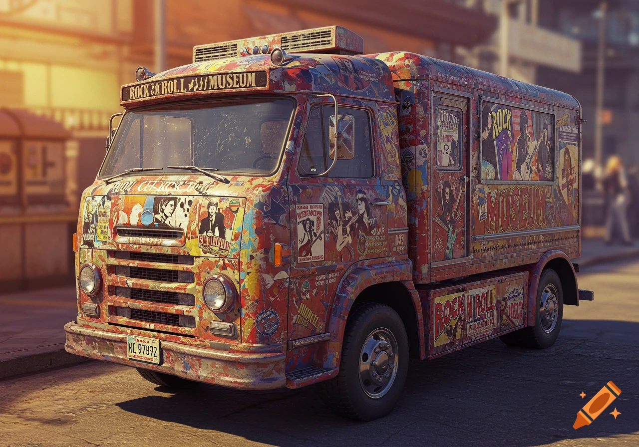A truck covered in rock music posters labeled 'Rock & Roll Museum', parked on a street.