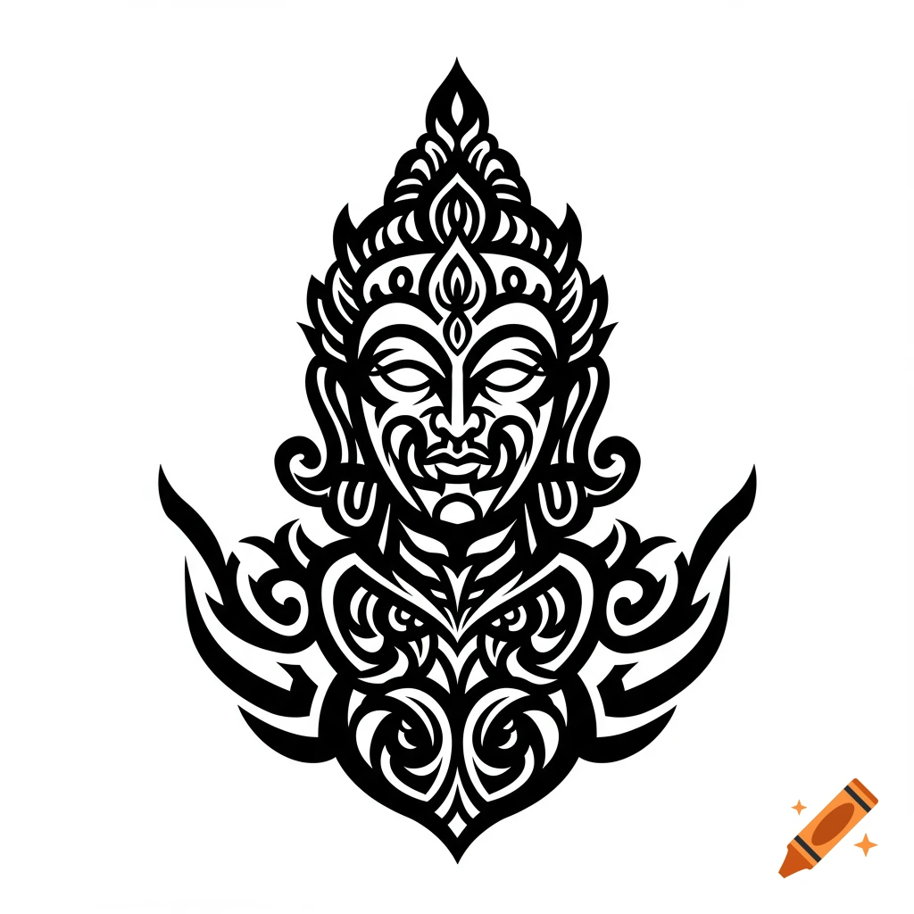 Black and white graphic of a sacred idol or mask with intricate patterns.