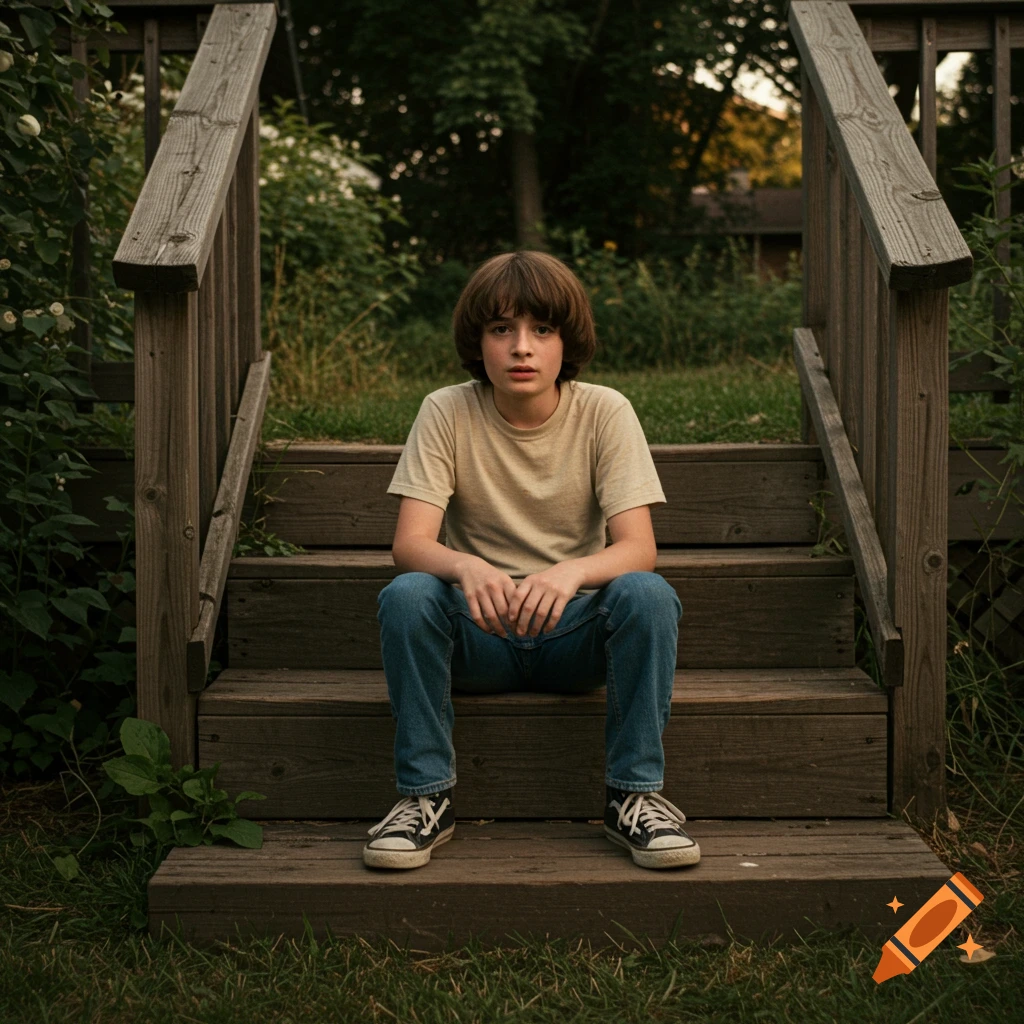A young boy resembling Will Byers from Stranger Things sits on outdoor wooden steps.